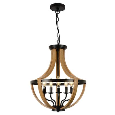 5-Light Rustic Chandelier with E26 Bulb Base, Adjustable Height Wooden Frame Pendant Light for Kitchen or Entryway