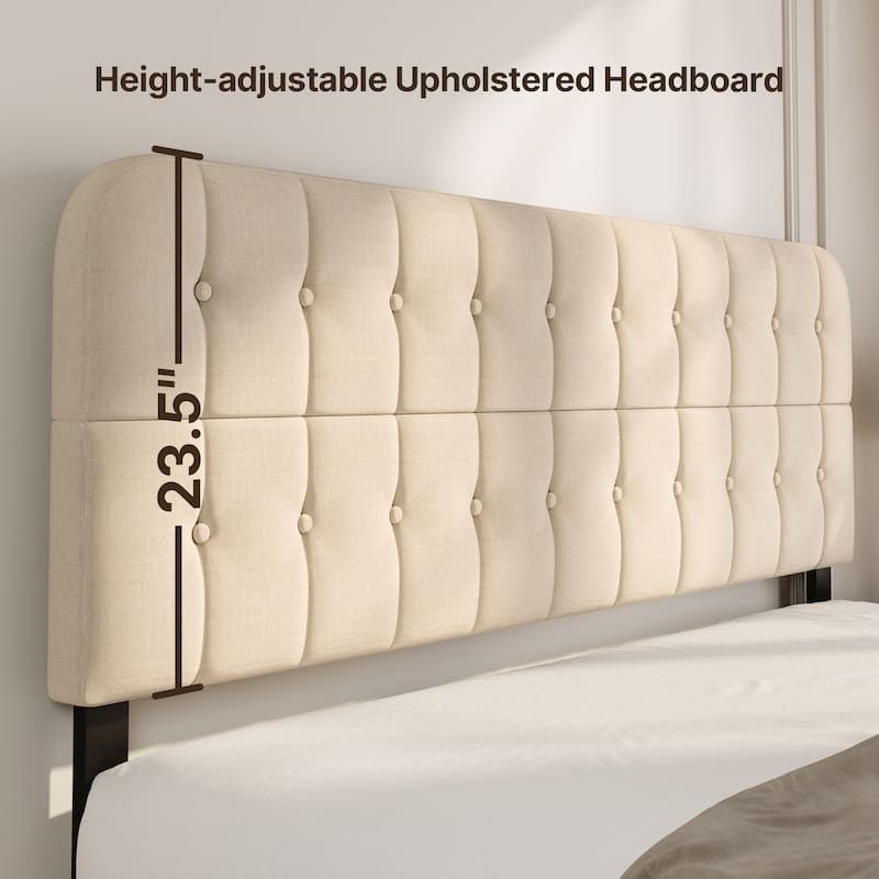Full / Queen / King Bed Frame with Headboard, Upholstered Platform Bed with Sturdy Wooden Slats
