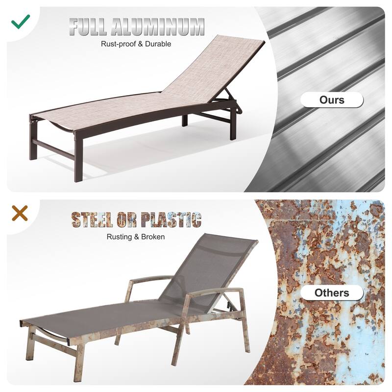 Outdoor Aluminum Chaise Lounge Chairs and Side Table, Sun Lounger with Adjustable Backrest