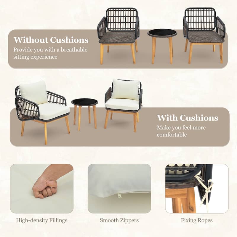 3 PCS Patio Furniture Set w/ Cushioned Chairs Tempered Glass End Table