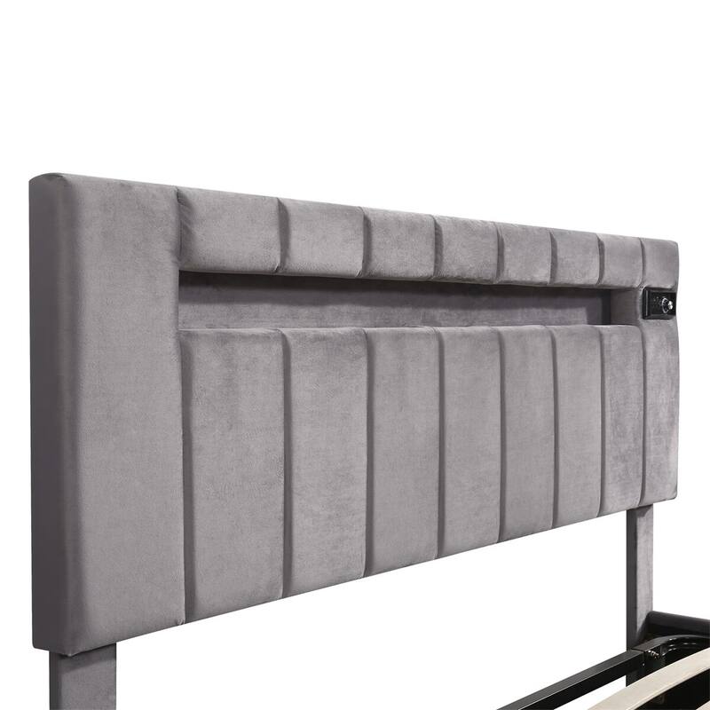 Merax Upholstered Hydraulic Storage Bed with LED light, Bluetooth Player and USB Charging