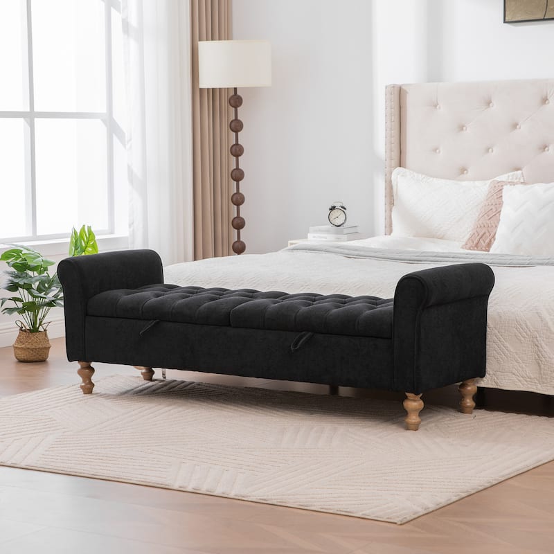 Large Storage Ottoman Bench, End of Bed Bench with Rolled Arms, Wood Legs, Button Tufted Storage Bench with Double Lids