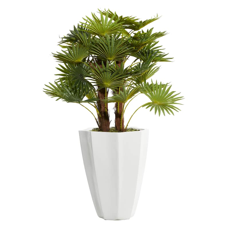 Faux Foliage Majesty Palm Artificial Plant with Realistic Leaves and White Fiberglass Pot - Green - Roche River Decor