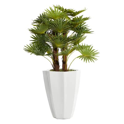 Faux Foliage Majesty Palm Artificial Plant with Realistic Leaves and White Fiberglass Pot - Green - Roche River Decor