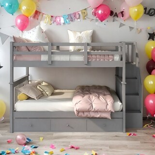 Full-Over-Full Stairway Wood Bunk Bed with Drawer,With Set Of Stairs,Storage and Guard Rail for Bedroom,Gray