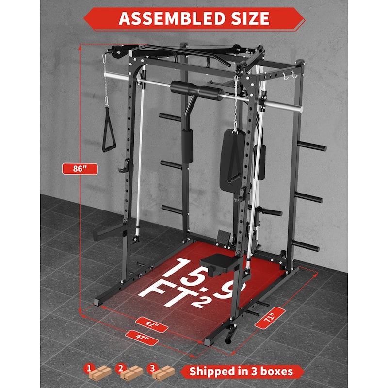Smith Machine, 2000LBS Power Rack with Smith Bar, Cable Crossover Machine and Chest Station Machine for Home Gym
