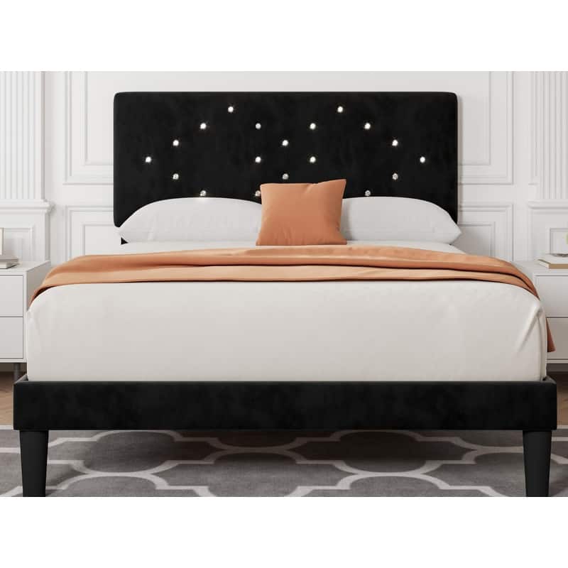 Velvet Upholstered Platform Bed Frame with Tufted Headboard