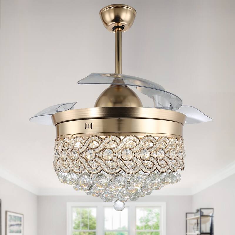 Bella Depot 42" Modern Crystal Retractable Ceiling Fan with LED Light and Remote Control - French Gold