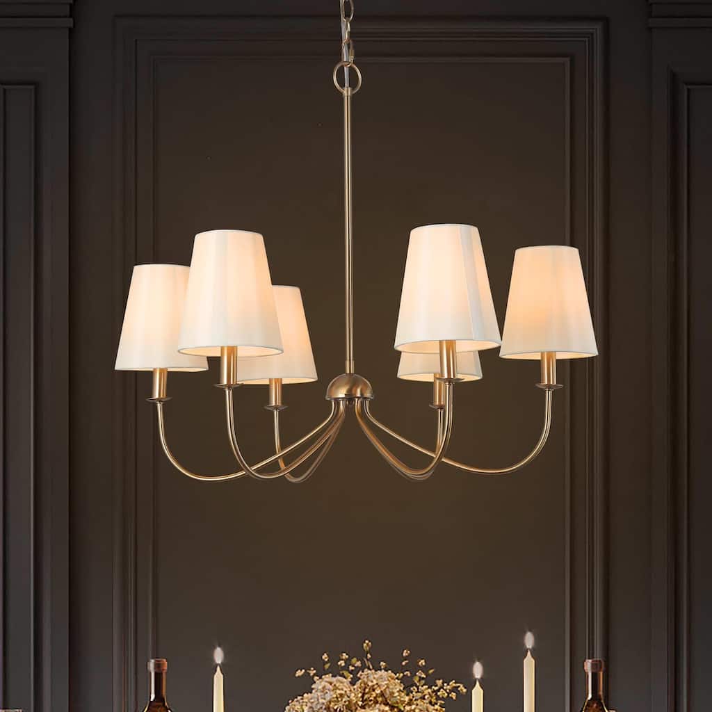 Mid-Century Modern Gold 6-Light Wheel Fabric Shade Chandelier for Dining Living Room - 27" D x 24.5" H