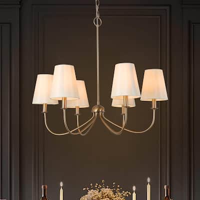 Mid-Century Modern Gold 6-Light Wheel Chandelier with Fabric Shade for Dining Room - 27" D x 24.5" H