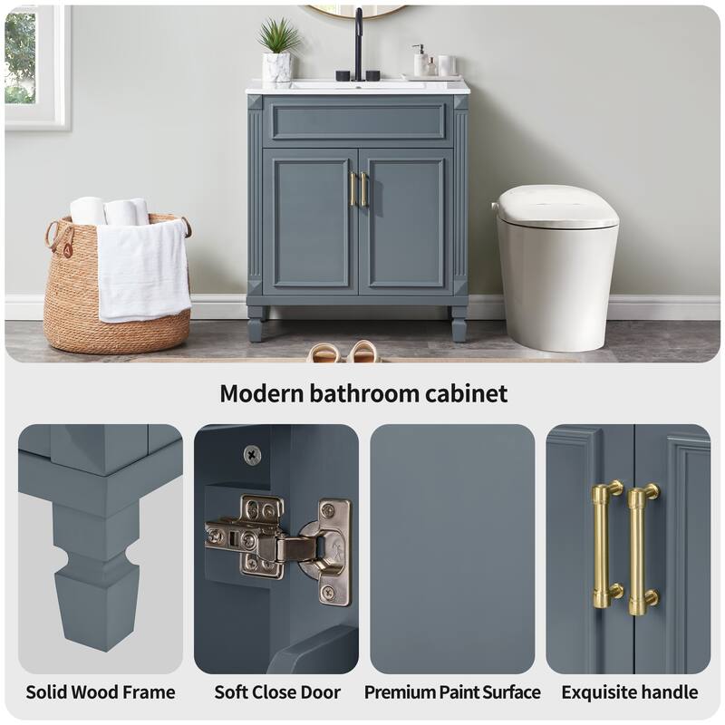 Modern 30" Freestanding Bathroom Vanity Cabinet Wood Frame with Ceramic Sink and Soft-Close Storage
