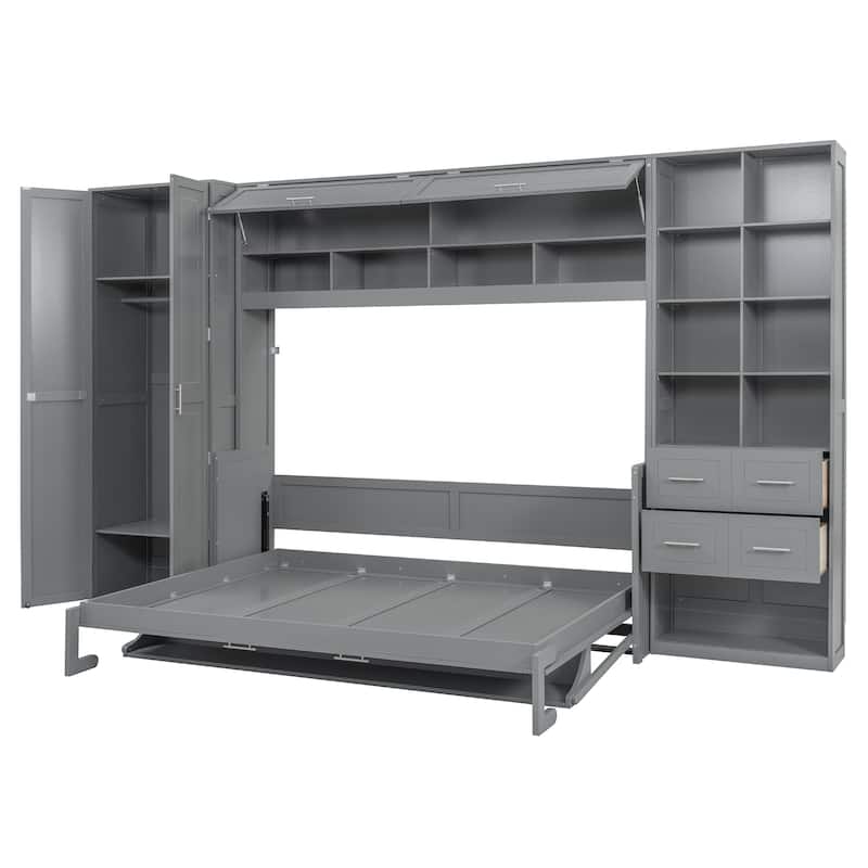 Multifunctional Foldable Murphy Bed Queen Size Wall Bed with Built-in Top Cabinet, Side Wardrobe, Storage Shelves and 2 Drawers