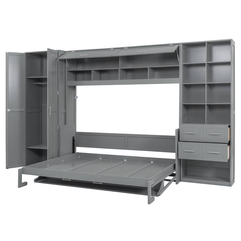 Queen Size Murphy Bed with Side Wardrobe & Flip Design, Foldable Wooden Wall Bed with Storage Drawers & Shelf for Home Office