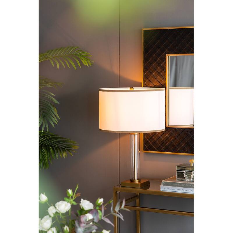 16x16x24" Gold and White Table Lamp with Glass Cylinder and Pedestal Base (Lamp Shade Assembly Required)
