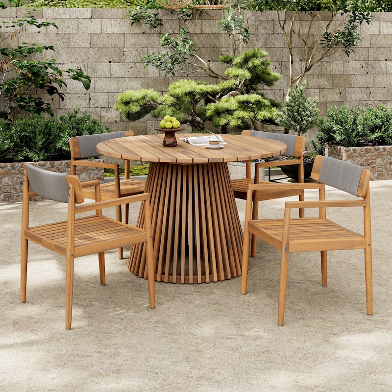 Christopher Knight Home - Sylvestris Acacia Wood 5 Piece Outdoor Dining Set - Teak Look + Grey Rope