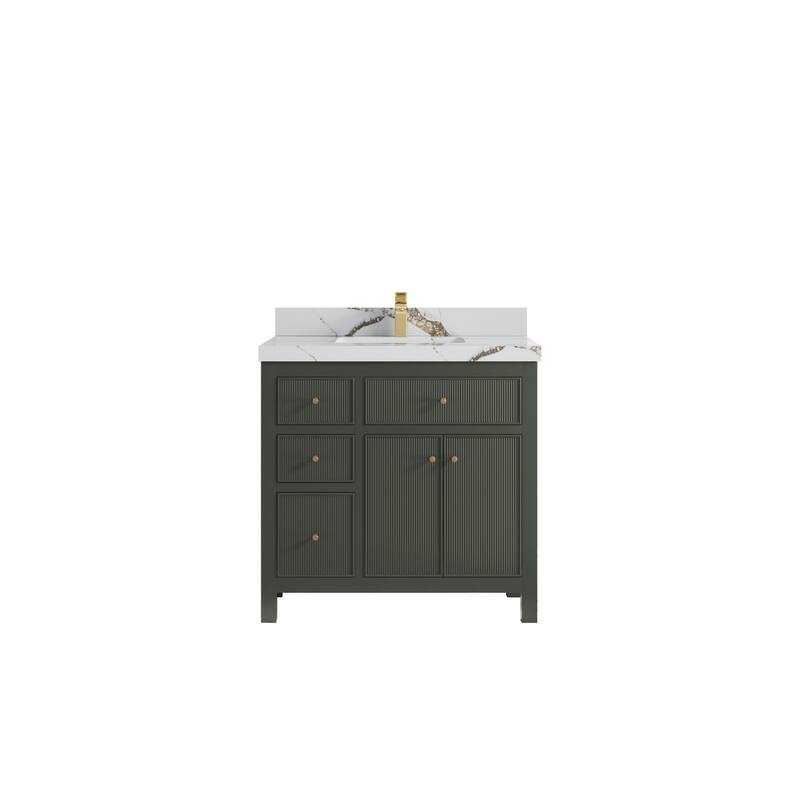 Willow Collections 36 in W x 22 in D Sonoma Center Sink Free Standing Reeded Bathroom Vanity with Countertop - 2" Calacatta Gold - Pewter Green