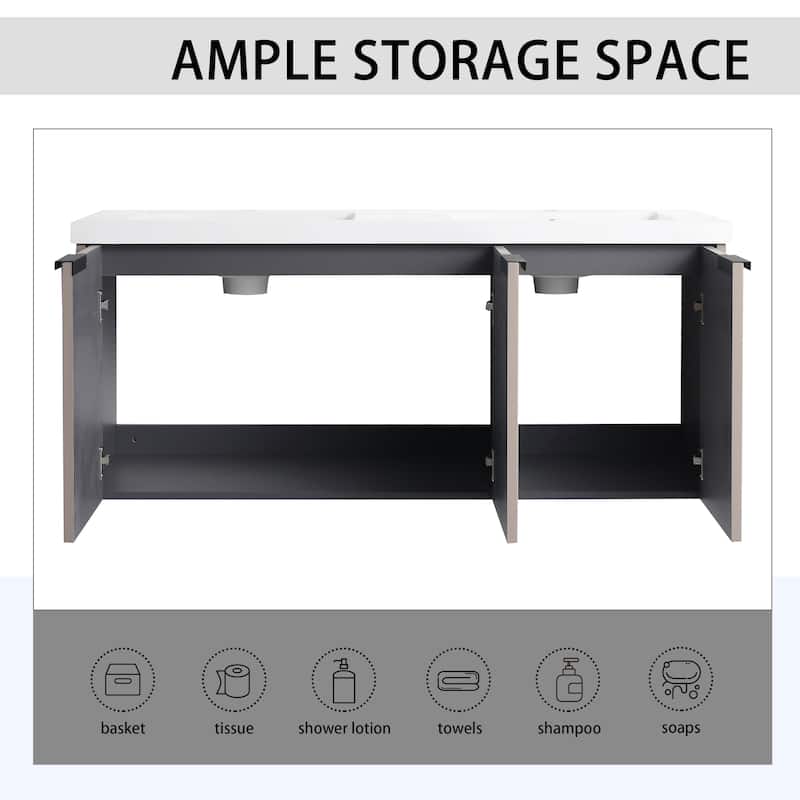 48"Wall Mounted Bathroom Vanity with Resin Double Sink & 3 Soft-Close Doors, KD-Packing