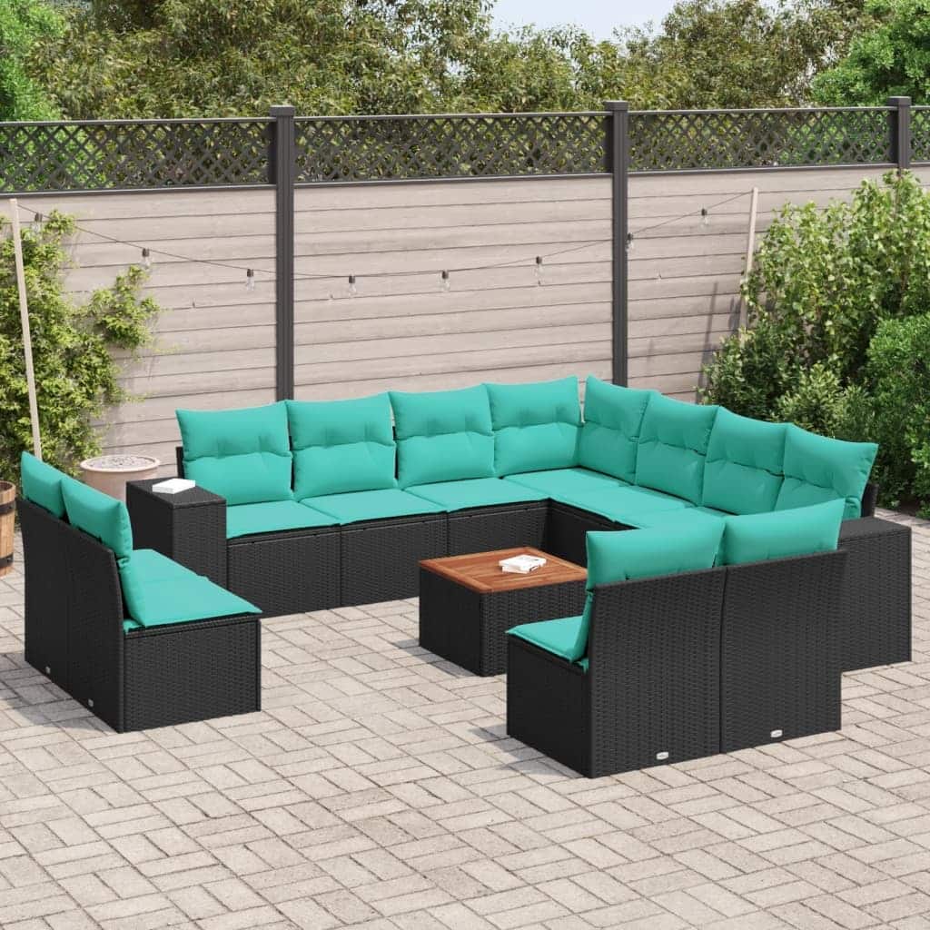 vidaXL 12 Piece Patio Sofa Set with Cushions Black Poly Rattan - 24.4 x 24.4 x 27.2