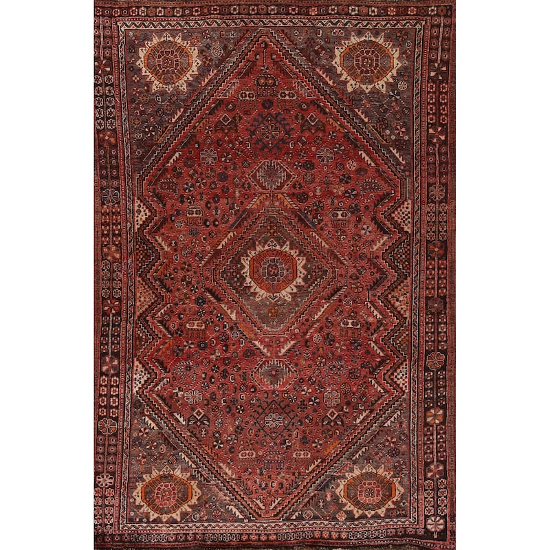 Tribal Qashqai Persian Vintage Area Rug Hand-Knotted Wool Carpet - 5'4"x 8'8"