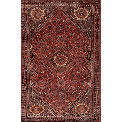 Tribal Qashqai Persian Vintage Area Rug Hand-Knotted Wool Carpet - 5'4"x 8'8"