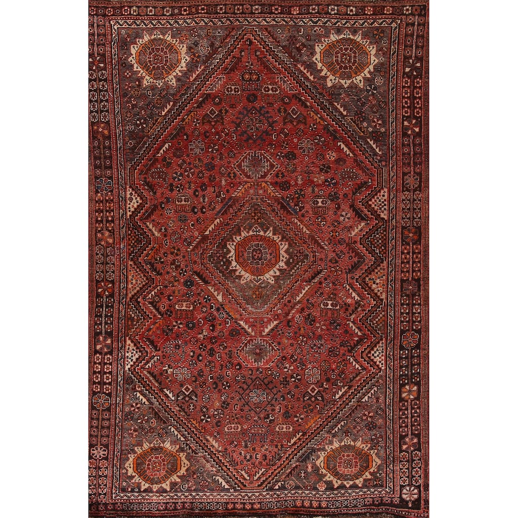 Tribal Qashqai Persian Vintage Area Rug Hand-Knotted Wool Carpet - 5'4"x 8'8"