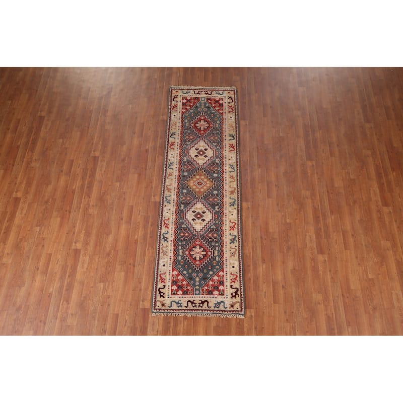 Gray Geometric Kazak Indian Runner Rug Hand-Knotted Wool Carpet - 2'6"x 8'2"