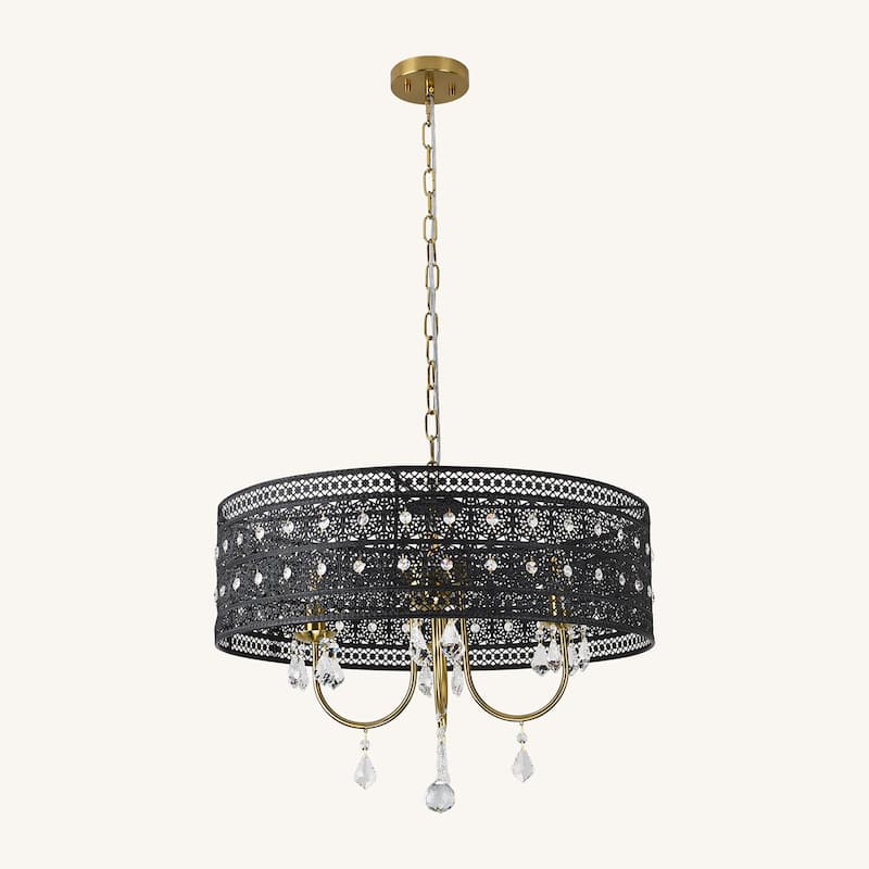 4-Light Elegant Black Lace - Trimmed Crystal Chandelier with Gold - Tone Hardware for Home Decoration - Matte Black