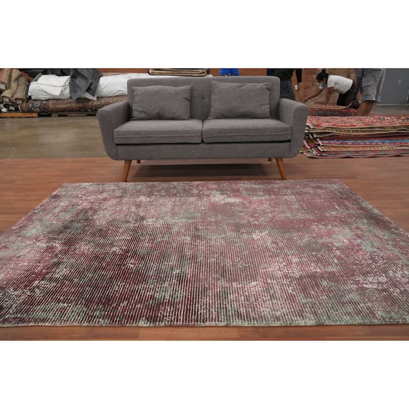 Hand Knotted Oriental Viscose Silk Carpet Modern All-Over Pink Abstract Area Rug - 7' 7'' X 5' 6''
