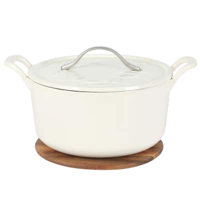 Bloomhouse 7 Qt Cast Iron Dutch Oven W/ Embossed Lid, European Glossy Enamel, & Walnut Wood Trivet