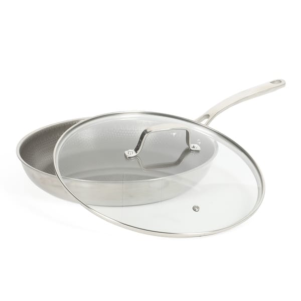 slide 2 of 12, Martha Stewart Badgley Hybrid Nonstick 12 Inch TriPly Stainless Steel Large Fry Pan With Lid & Stay Cool Handle