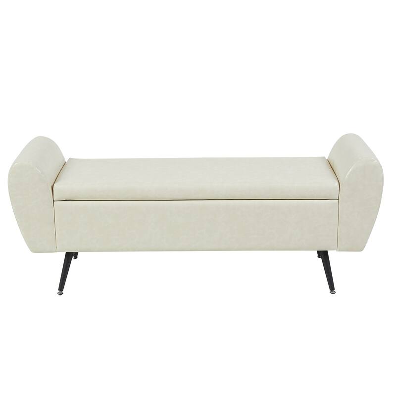 Upholstered 55"W Flip Top Storage Bench Bedroom Bench Modern End of Bed Bench for Entryway Hallway Window with Gold Legs - Vegan Leather - BEIGE