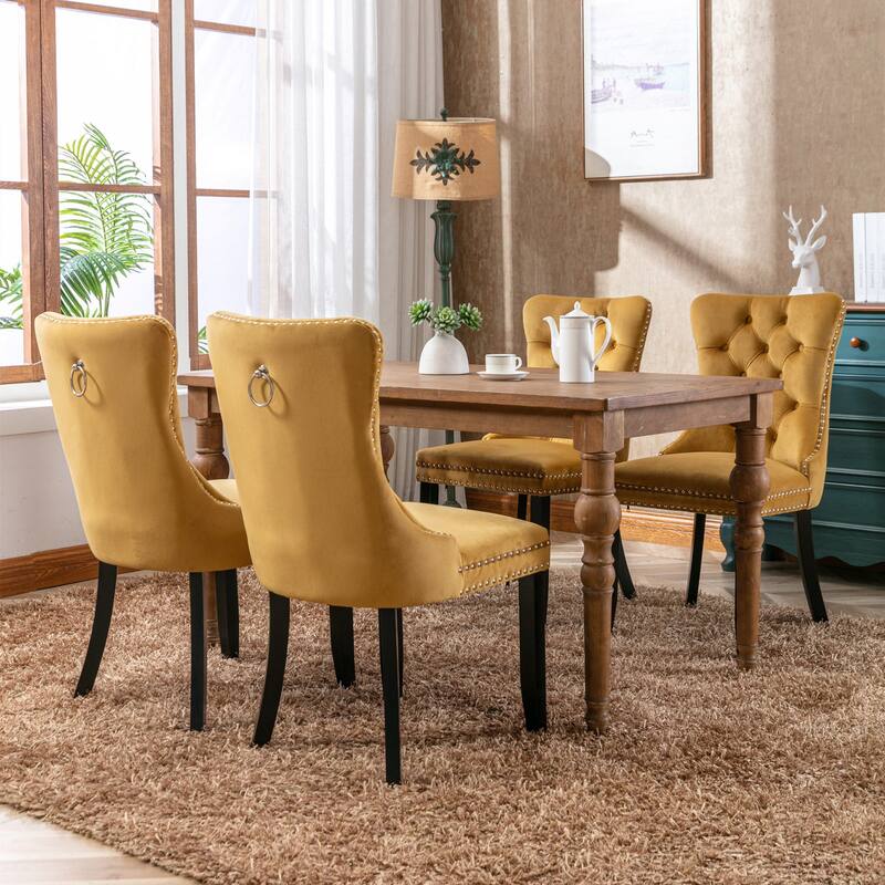 Velvet Dining Chairs Set of 2, Tufted Upholstered Side Chair, Dining Room Chair with Back Ring Pull Trim & Solid Wood Legs