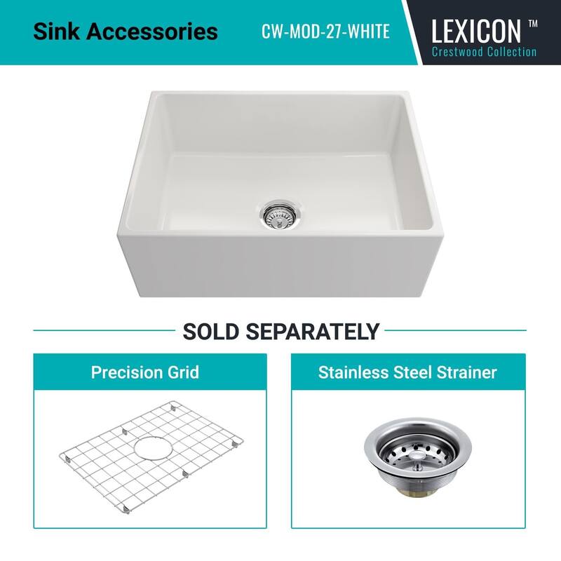 27"x19" Crestwood Farmhouse Sink, White Fireclay Kitchen sink, Single Bowl Apron Front, Plain Farm sink