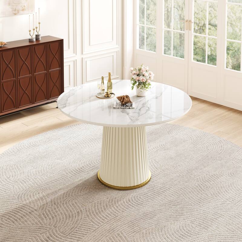 Modern 43.3 Inch Round Dining Table, Glossy Sintered Stone Top with Pleated PU Leather Iron Pedestal, Adjustable Feet - White
