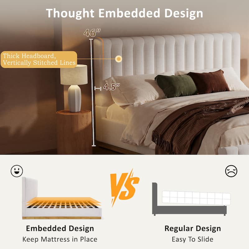 Beige Platform Bed Frame Stripe Linen Thick Upholstered Headboard Footboard, Solid Wooden Base Frame