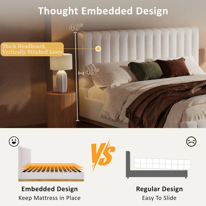 Upholstered Bed Frame Linen Fabric Platform Bed with 46''H Thick Headboard/Solid Wood Base/No Box Spring Needed/Noise Free/Beige