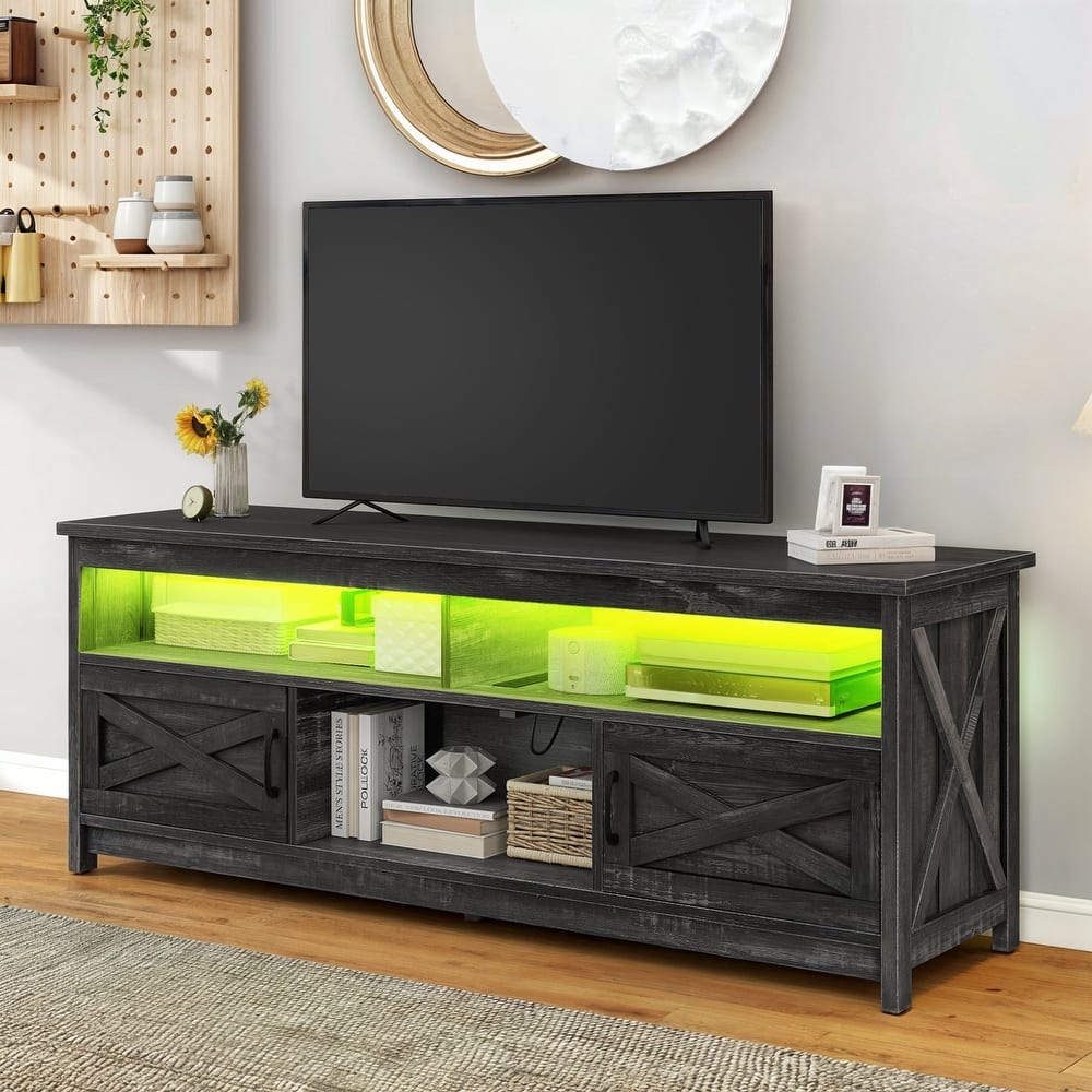 Farmhouse TV Stand for up to 65" TV with Doors and Open Shelves Media Console Power Outlet