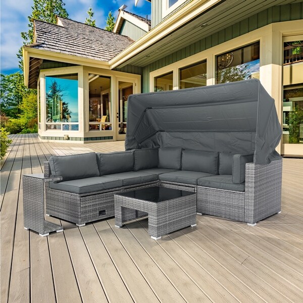 7 Piece Wicker Rattan Outdoor Furniture Set with Retractable