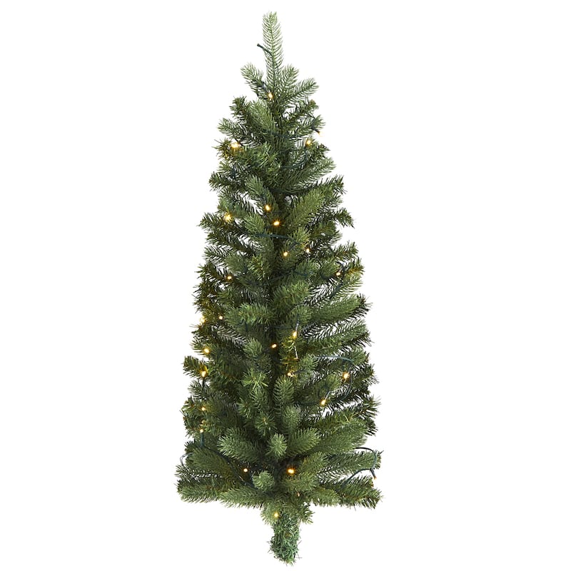 3ft. Flat Back Wall Hanging Artificial Christmas Tree with 35 Clear LED Lights - Petite Seasonal Holiday X-Mas Decoration