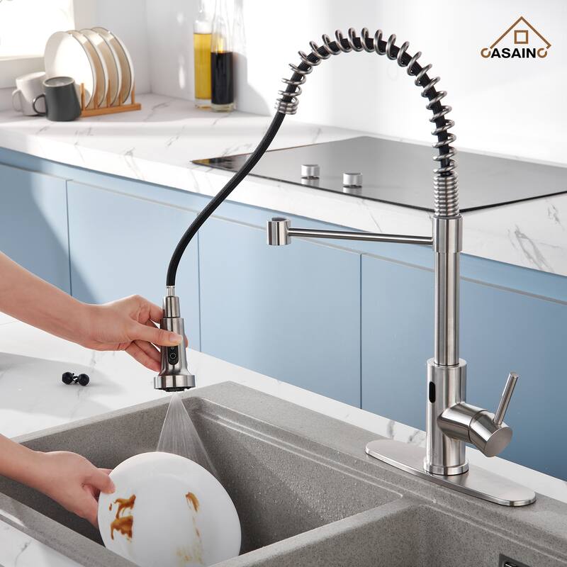 Single Handle Pull Down Sprayer Kitchen Faucet with Touchless Sensor Deckplate Included - White
