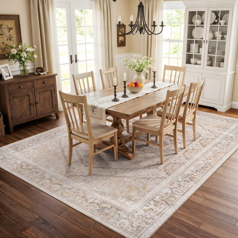 Beige Medallion Flat Pile Washable Rug - Pet Friendly, Non-Slip for Entryway and Bedroom