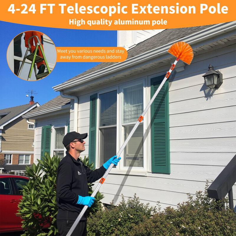 Orange-Silver Adjustable 4-24ft Telescopic Pole with Snap-On Lock for Cleaning Painting and High Reach - 4-24-Feet