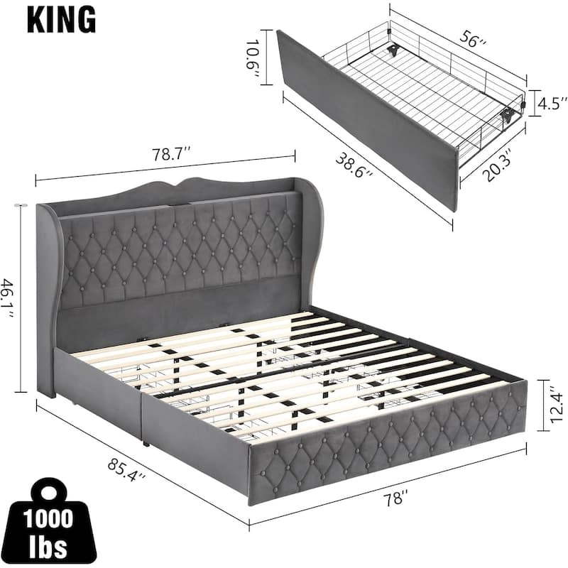King Size Bed Frame with Charging Station and 4 Storage Drawers