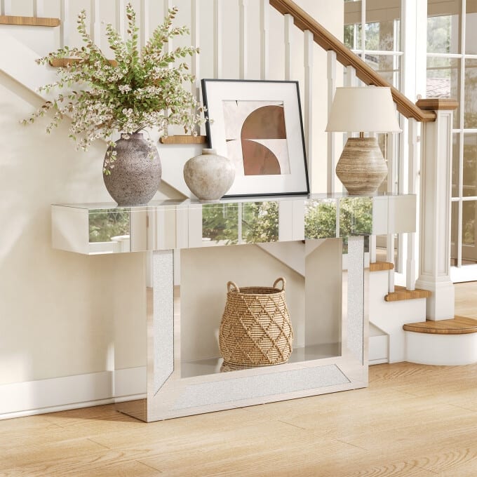 63-Inch Mirrored Entryway Table, Wooden Long Console Sofa Table
