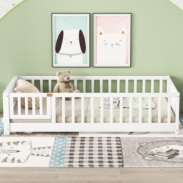 slide 2 of 9, Twin Pine Wood Floor Platform Bed with Built-in Book Storage Rack,Door White - Twin