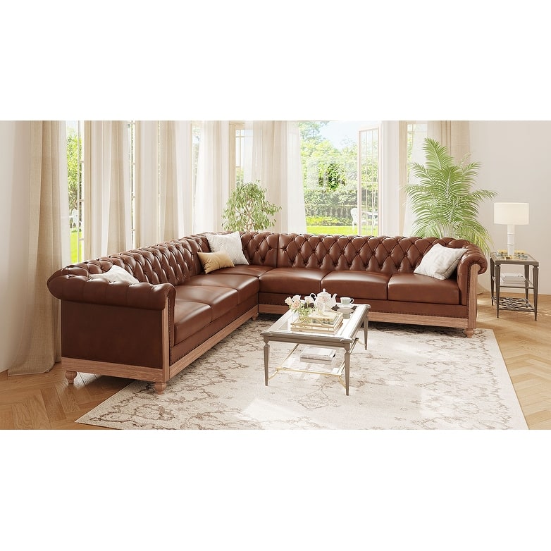 L-Shaped Sectional Sofa with Nailhead Trim & Wooden Legs, PU Leather Upholstered Sofa, Large Corner 6-Seater Sofa