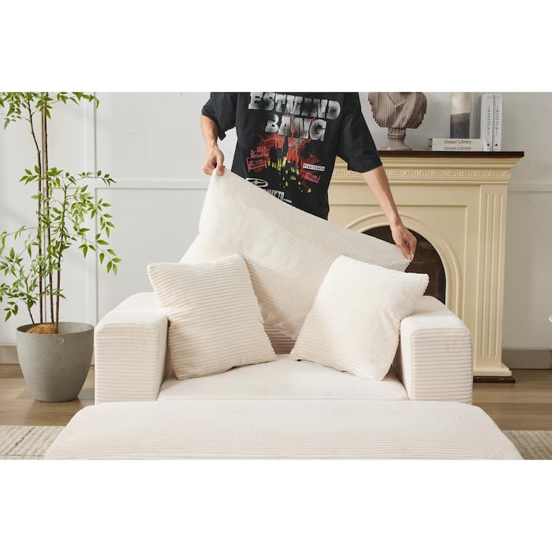 Chaise Lounge Chair with Removable Ottoman, Modern Accent Armchair Corduroy Sleeper Sofa Chair with Pillows for Living Room