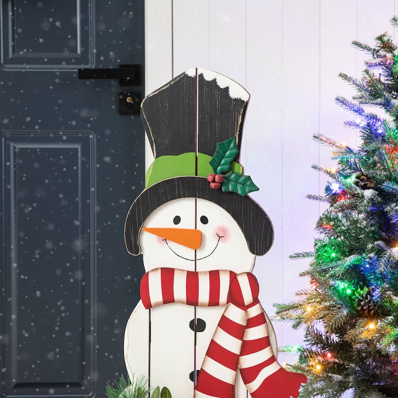 Glitzhome 36"H Christmas Wooden/Metal Snowman Porch Decor with Wreath - 36"