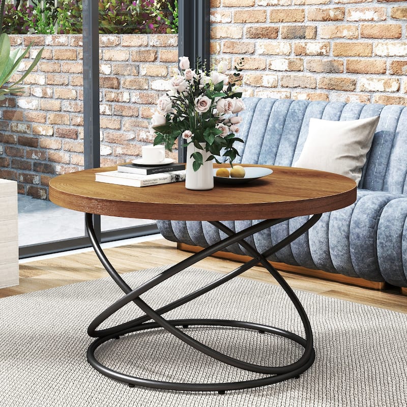 Tempered Glass Top Round Coffee Table with Metal Base