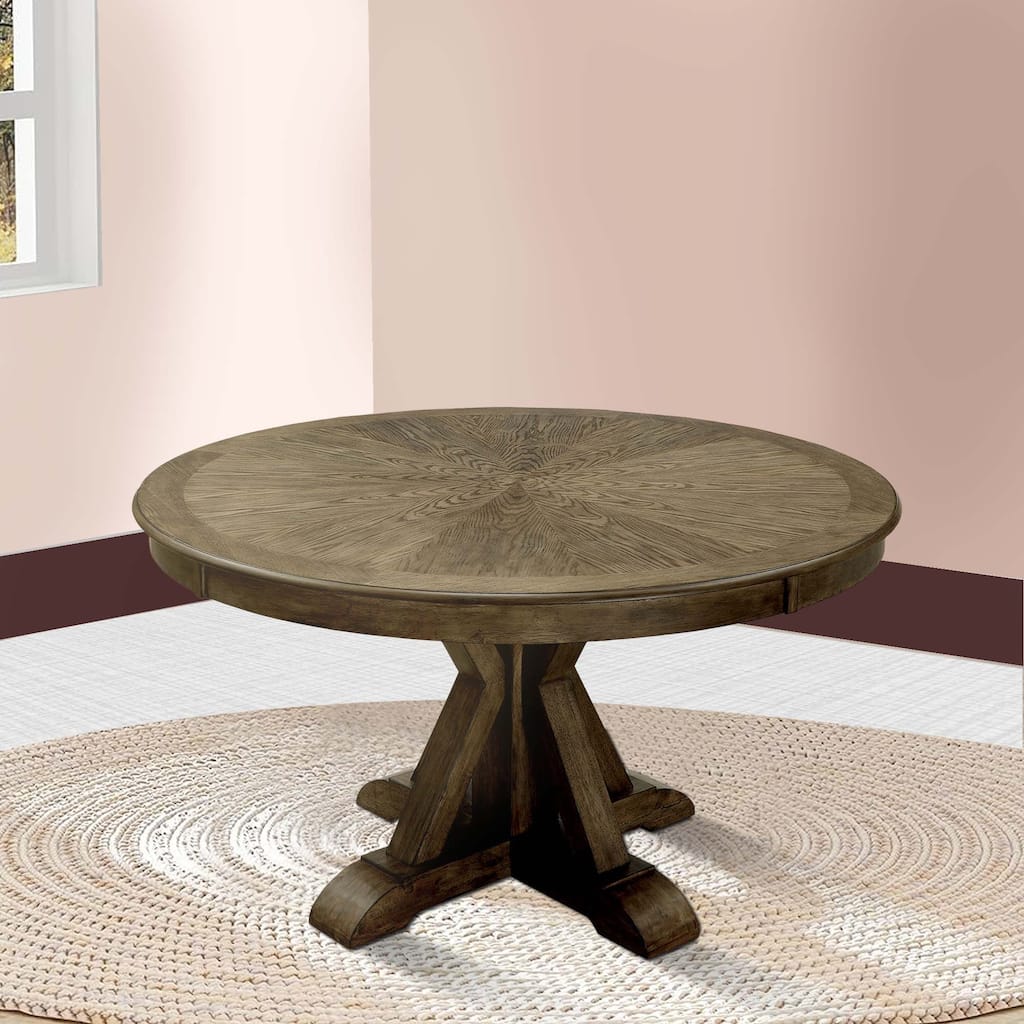 Round Solid Wood Dining Table with Pedestal Base, Light Oak Brown